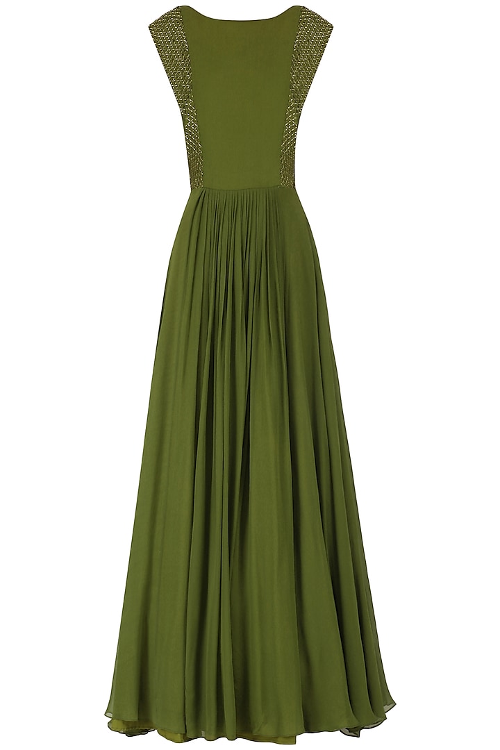 Olive Green Embroidered Flared Gown by Kakandora