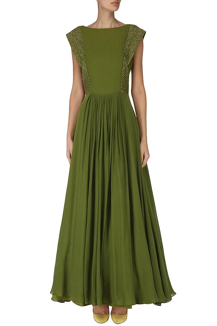 Olive green embroidered flared gown available only at Pernia's Pop Up Shop.