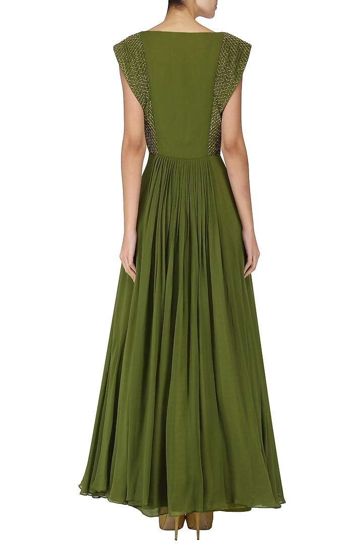 Olive green embroidered flared gown available only at Pernia's Pop Up Shop.