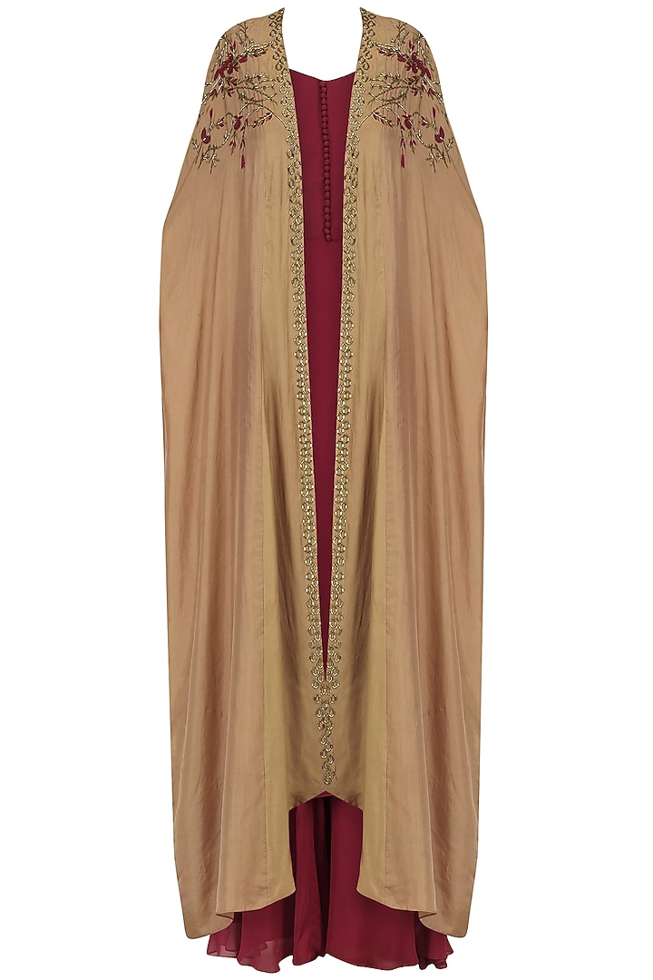 Maroon singlet kurta with cape jacket available only at Pernia's Pop Up Shop.