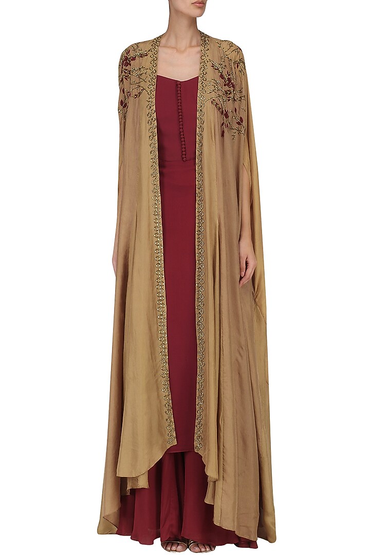 Maroon singlet kurta with cape jacket available only at Pernia's Pop Up Shop.