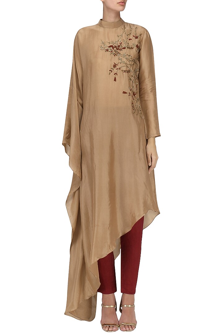 Beige embroidered poncho kurta with pants available only at Pernia's Pop Up Shop.