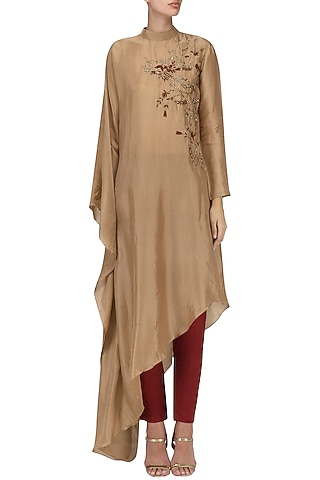 Beige Embroidered Poncho Kurta with Pants by Kakandora