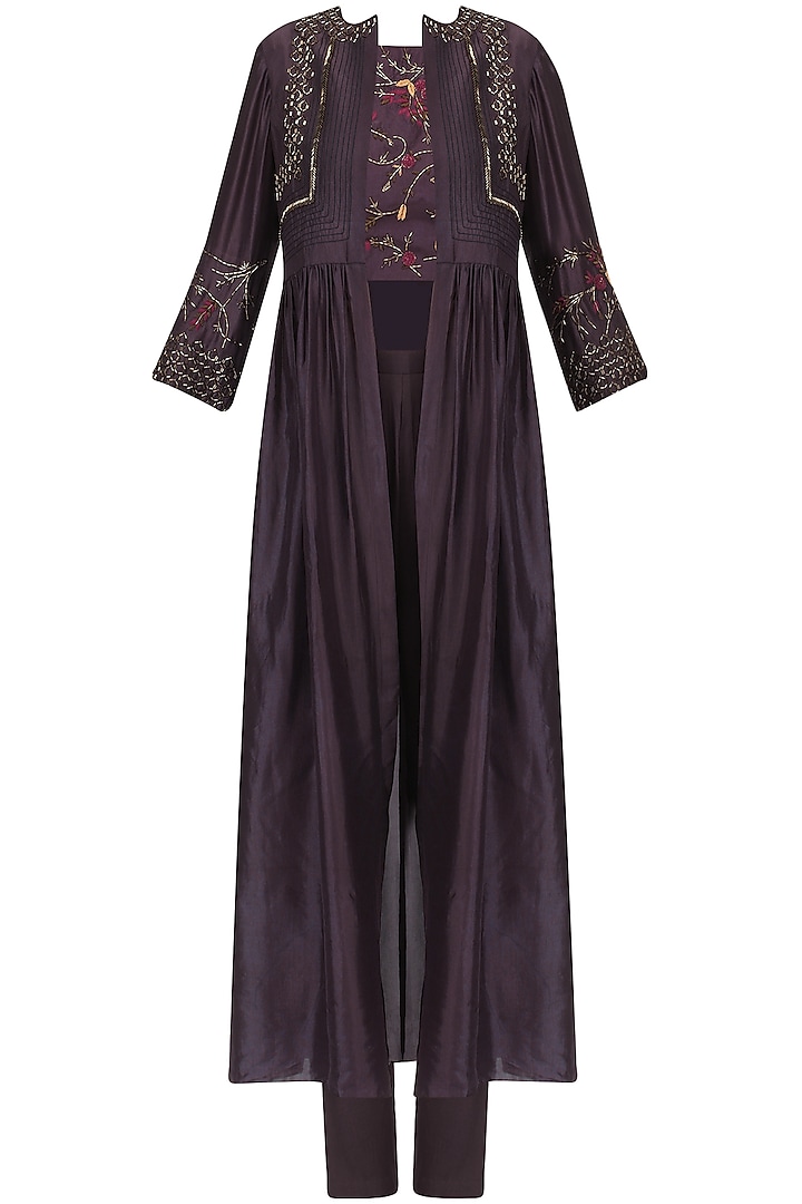 Wine embroidered jacket with crop top and pants set available only at Pernia's Pop Up Shop.