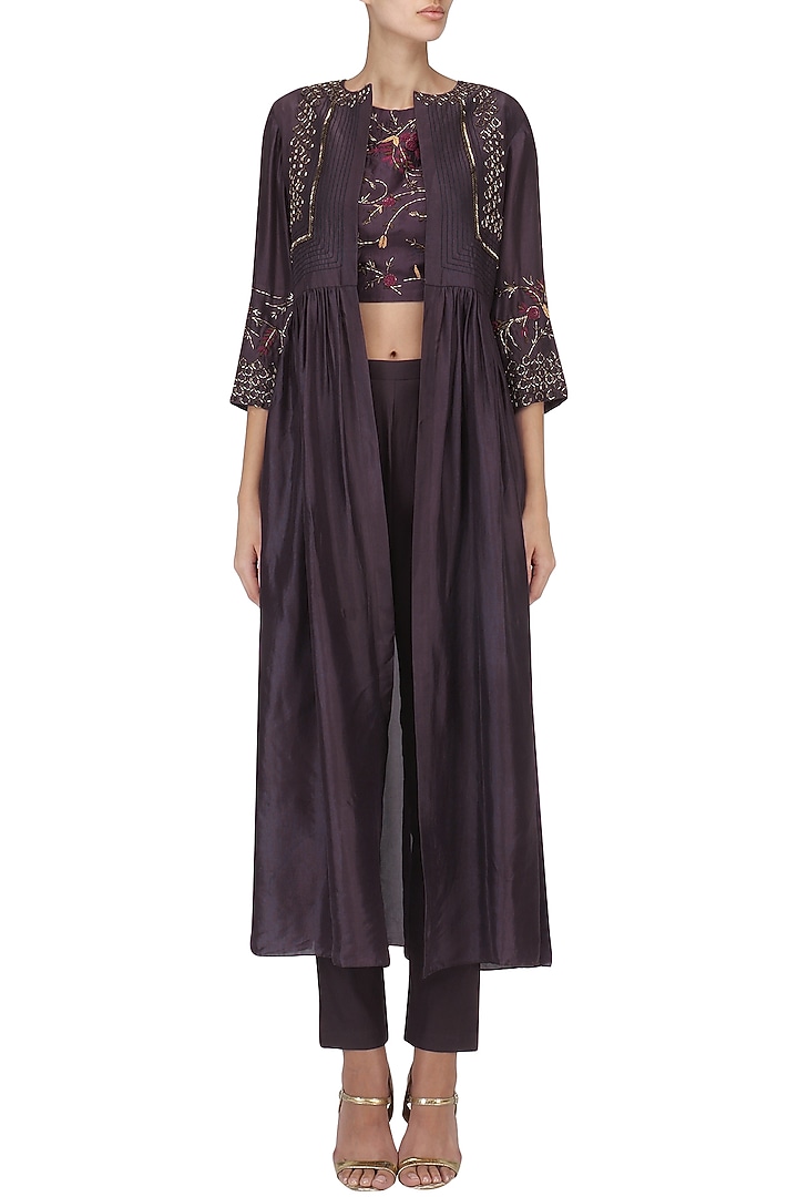 Wine embroidered jacket with crop top and pants set available only at Pernia's Pop Up Shop.