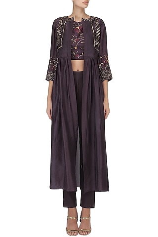 Wine Embroidered Jacket with Crop Top and Pants Set by Kakandora
