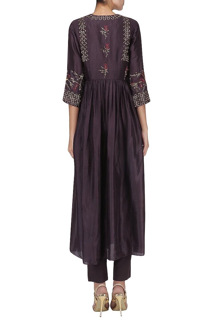 Wine embroidered jacket with crop top and pants set available only at Pernia's Pop Up Shop.