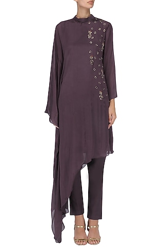 Wine Embroidered Poncho Kurta with Pants by Kakandora