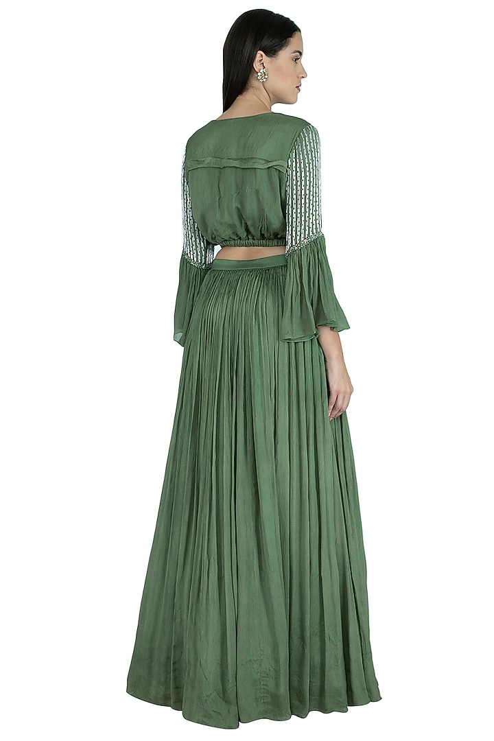 Forest Green Embroidered Crop Top With Flared Skirt by Kakandora at Pernia's Pop Up Shop