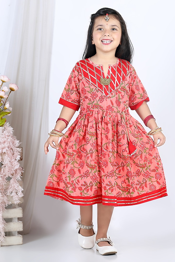 Peach Floral Printed Dress For Girls by Kinder Kids