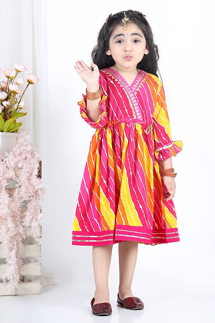 Pink & Yellow Printed Dress For Girls by Kinder Kids