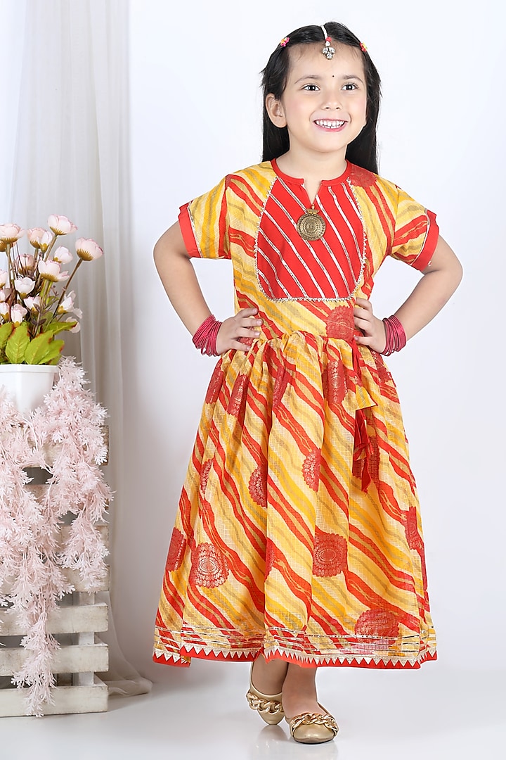 Yellow & Red Printed Dress For Girls by Kinder Kids