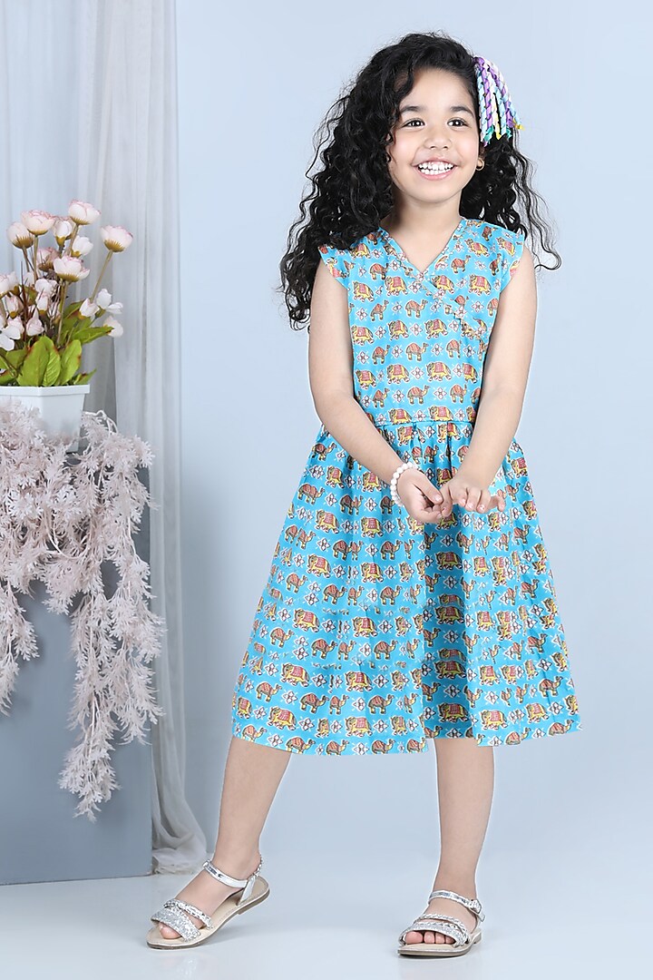 Blue Printed Dress For Girls by Kinder Kids