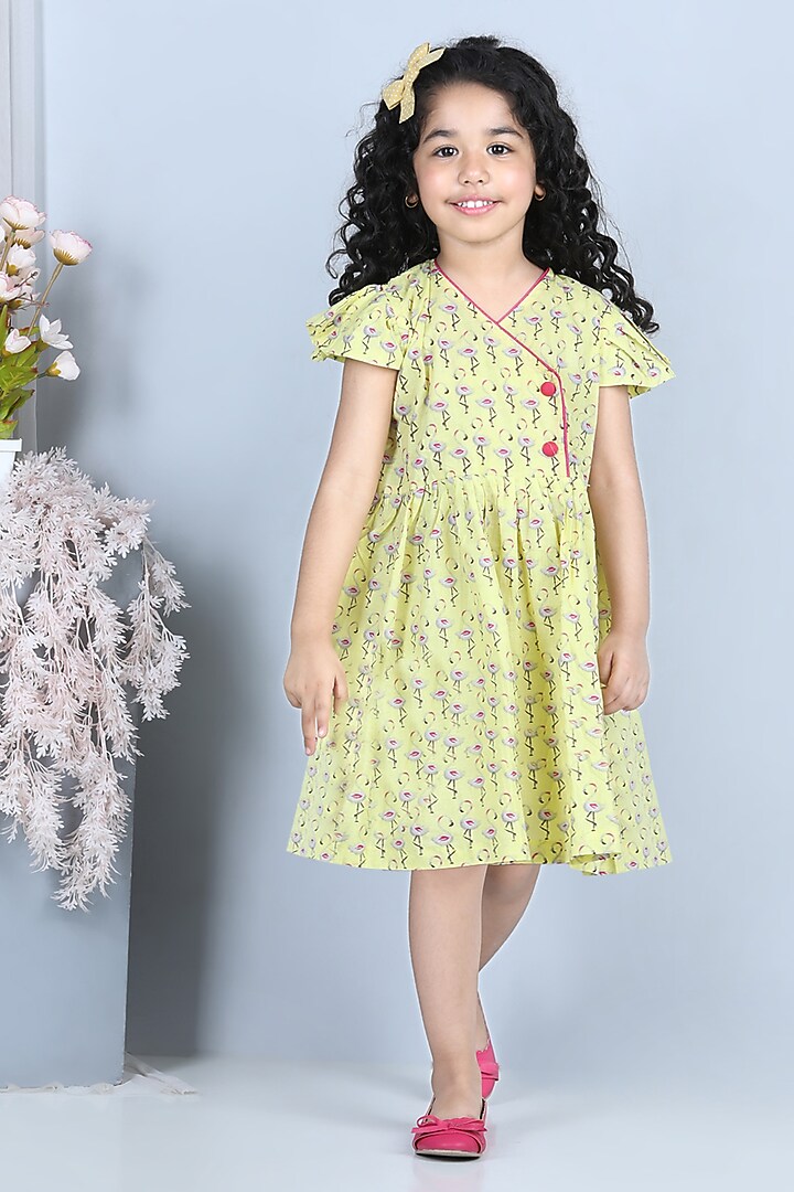 Yellow Flamingo Printed Dress For Girls by Kinder Kids at Pernia's Pop Up Shop