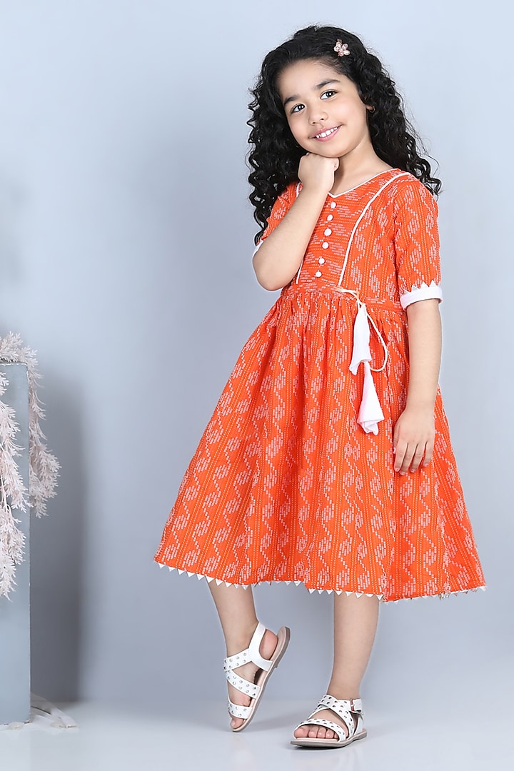 Orange Printed Dress For Girls by Kinder Kids