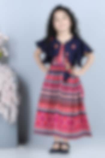 Blue & Pink Printed Dress With Jacket For Girls by Kinder Kids