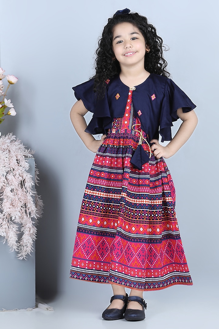Blue & Pink Printed Dress With Jacket For Girls by Kinder Kids