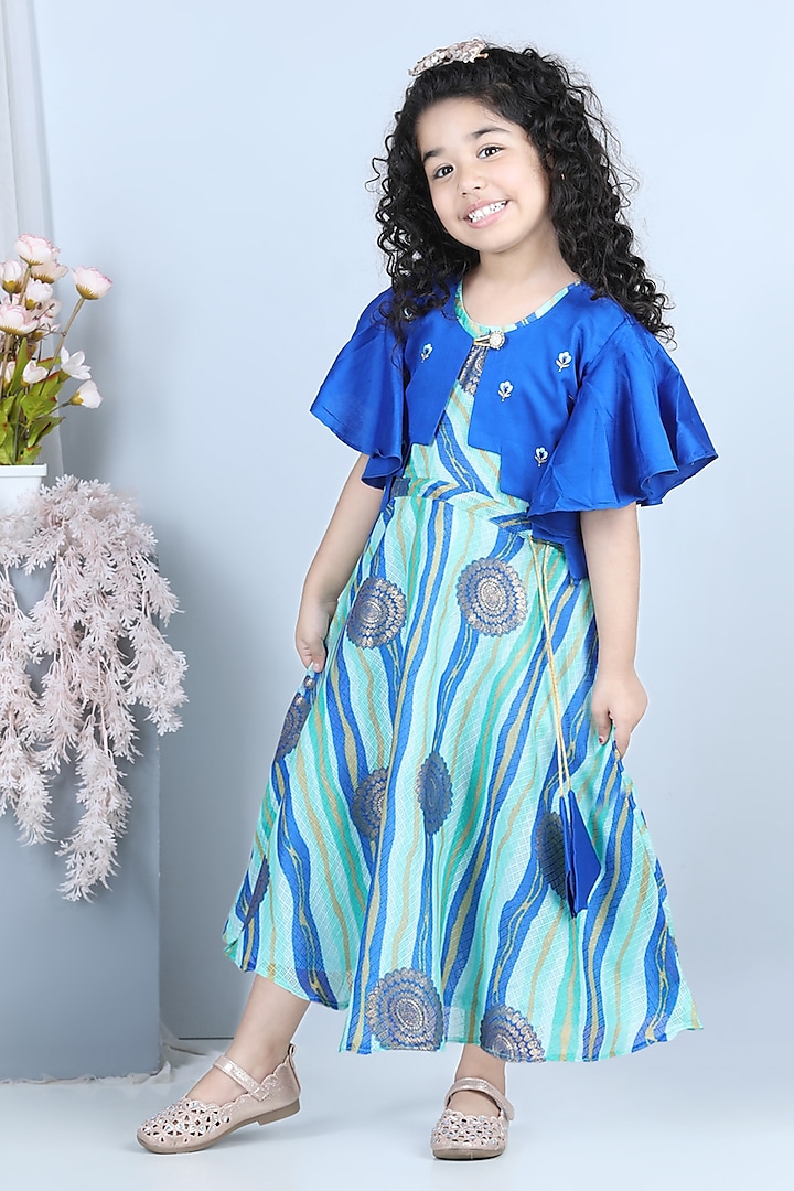 Blue Printed Dress With Jacket For Girls by Kinder Kids