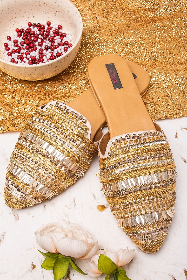 Gold Embellished Mules by Kasually Klassy at Pernia's Pop Up Shop
