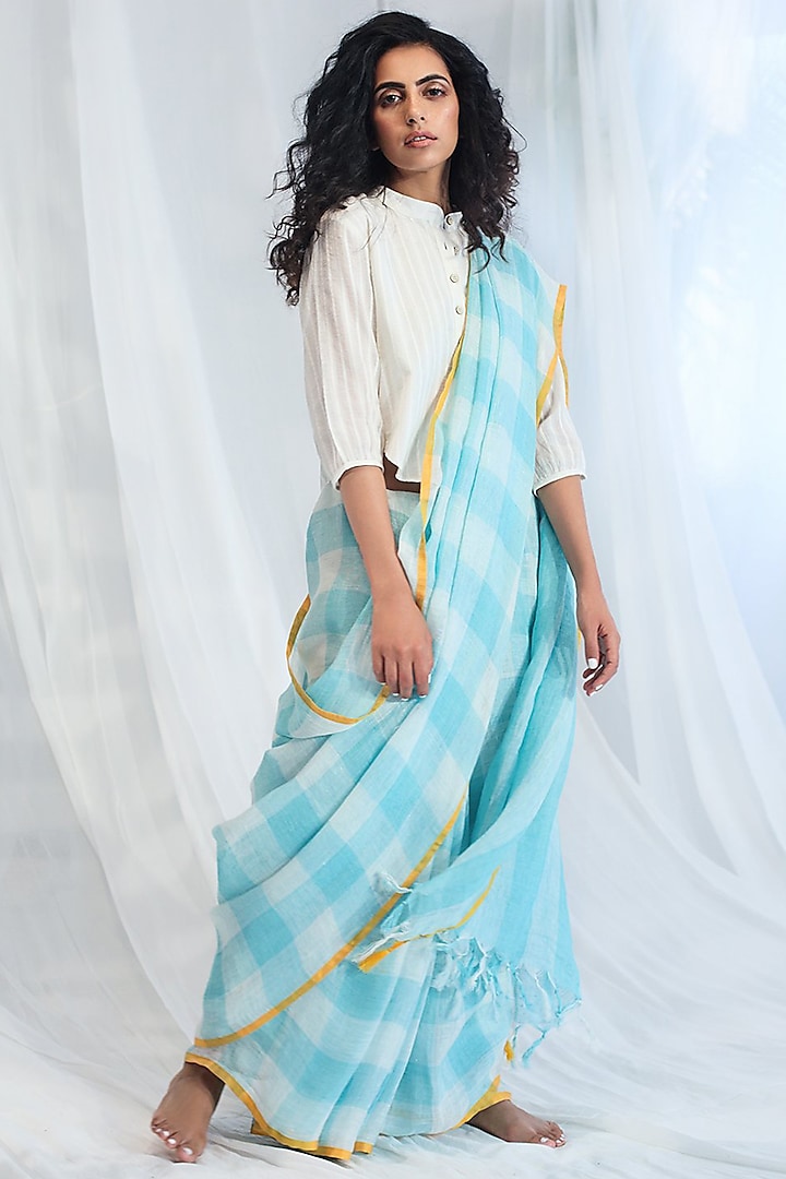 Sky Blue Gingham Printed Saree Set by Khara Kapas