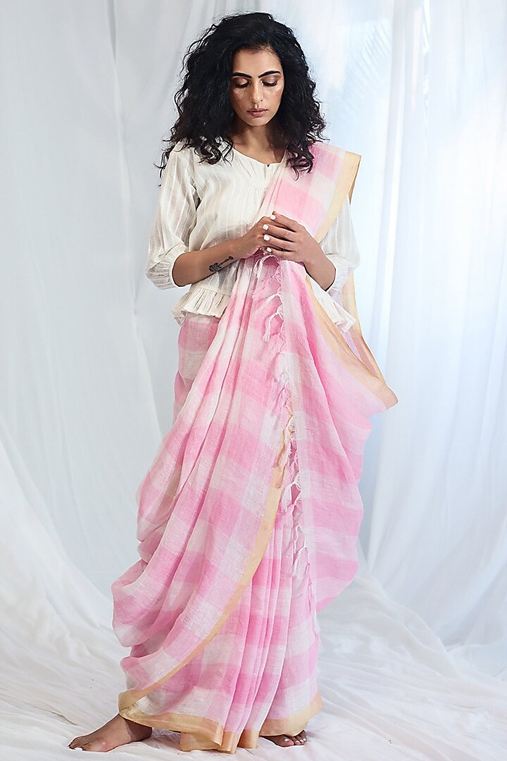 Blush Pink Gingham Printed Saree Set by Khara Kapas