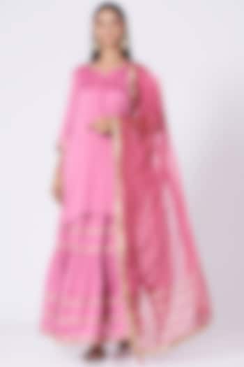 Taffy Pink Silk Chanderi Gota Work Gharara Skirt Set by KALAKARI BY AKANKSHA at Pernia's Pop Up Shop