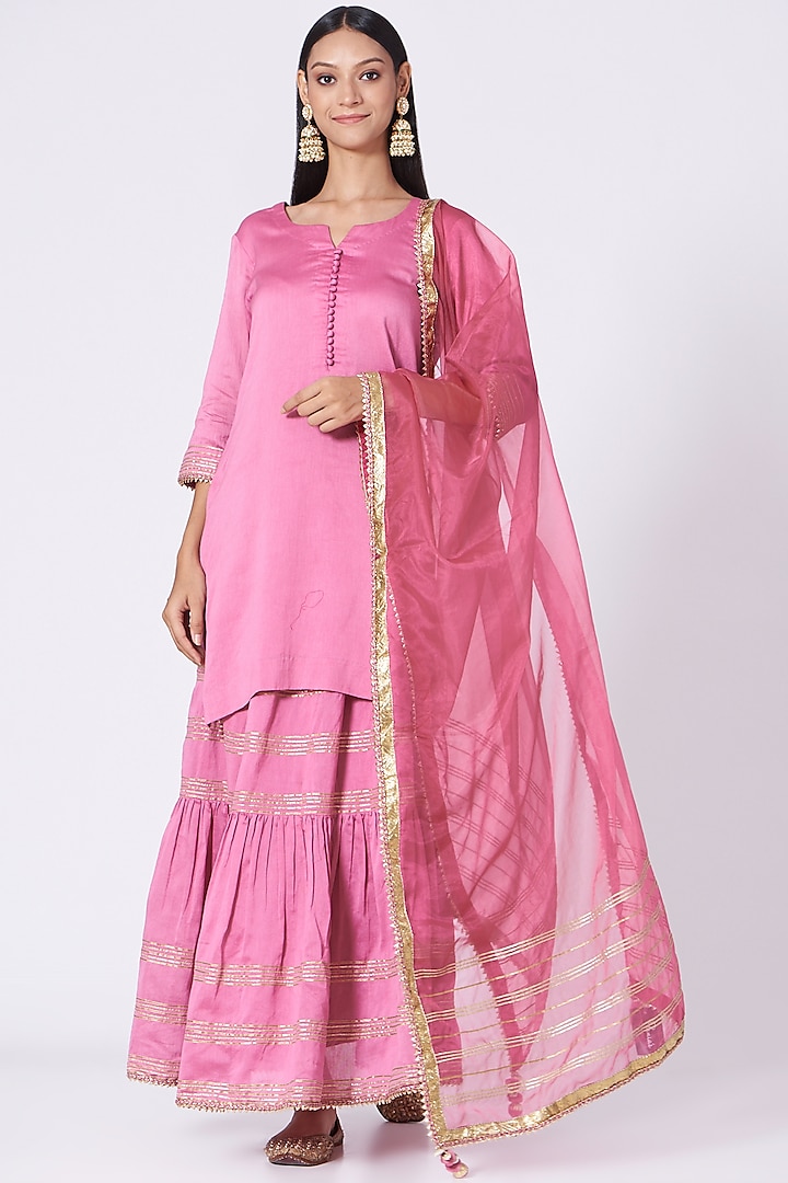 Taffy Pink Silk Chanderi Gota Work Gharara Skirt Set by Kalakari