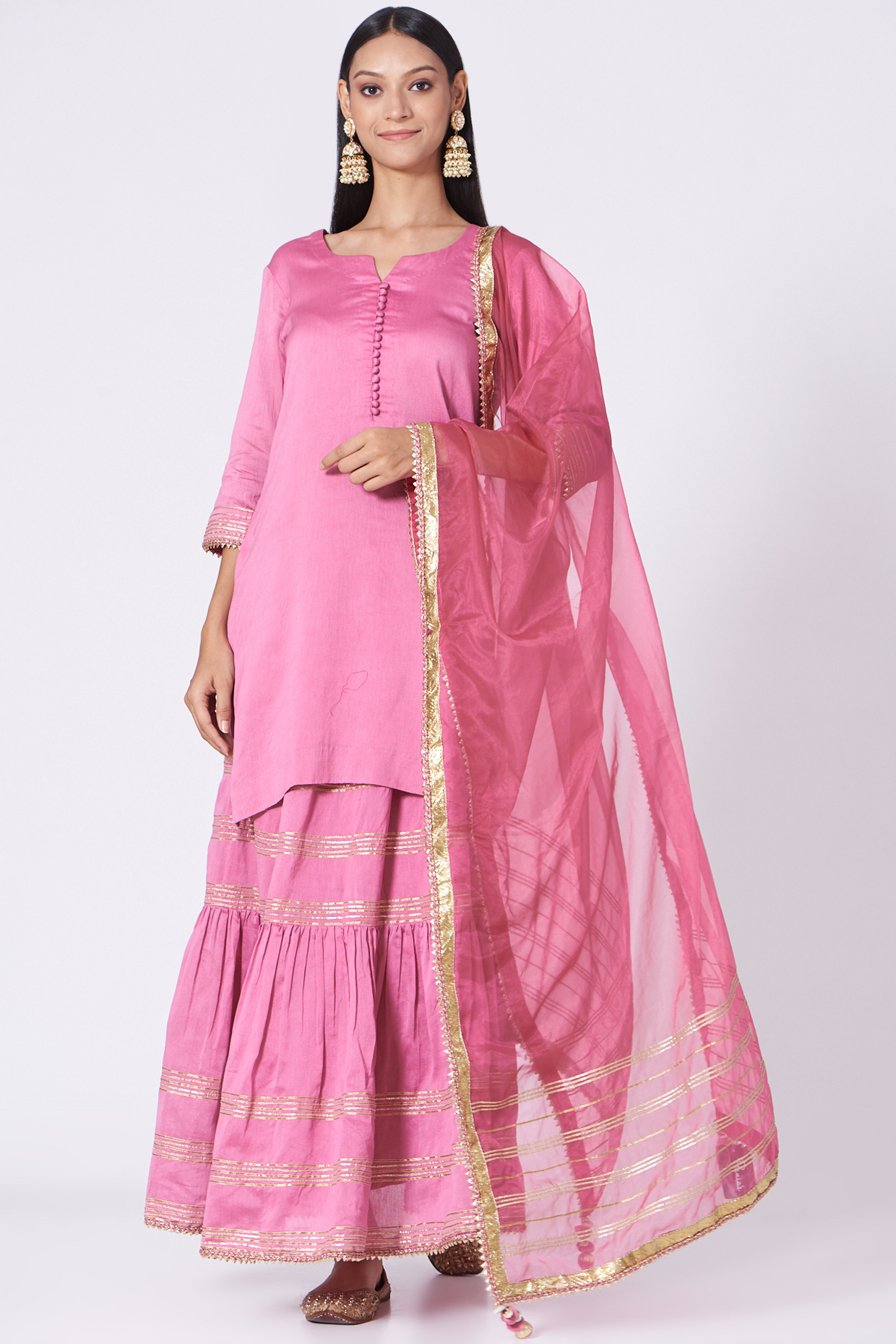 Taffy Pink Silk Chanderi Gota Work Gharara Skirt Set by KALAKARI BY AKANKSHA at Pernia's Pop Up Shop