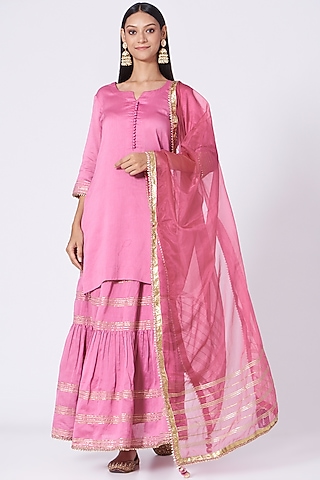 Taffy Pink Silk Chanderi Gota Work Gharara Skirt Set by KALAKARI BY AKANKSHA