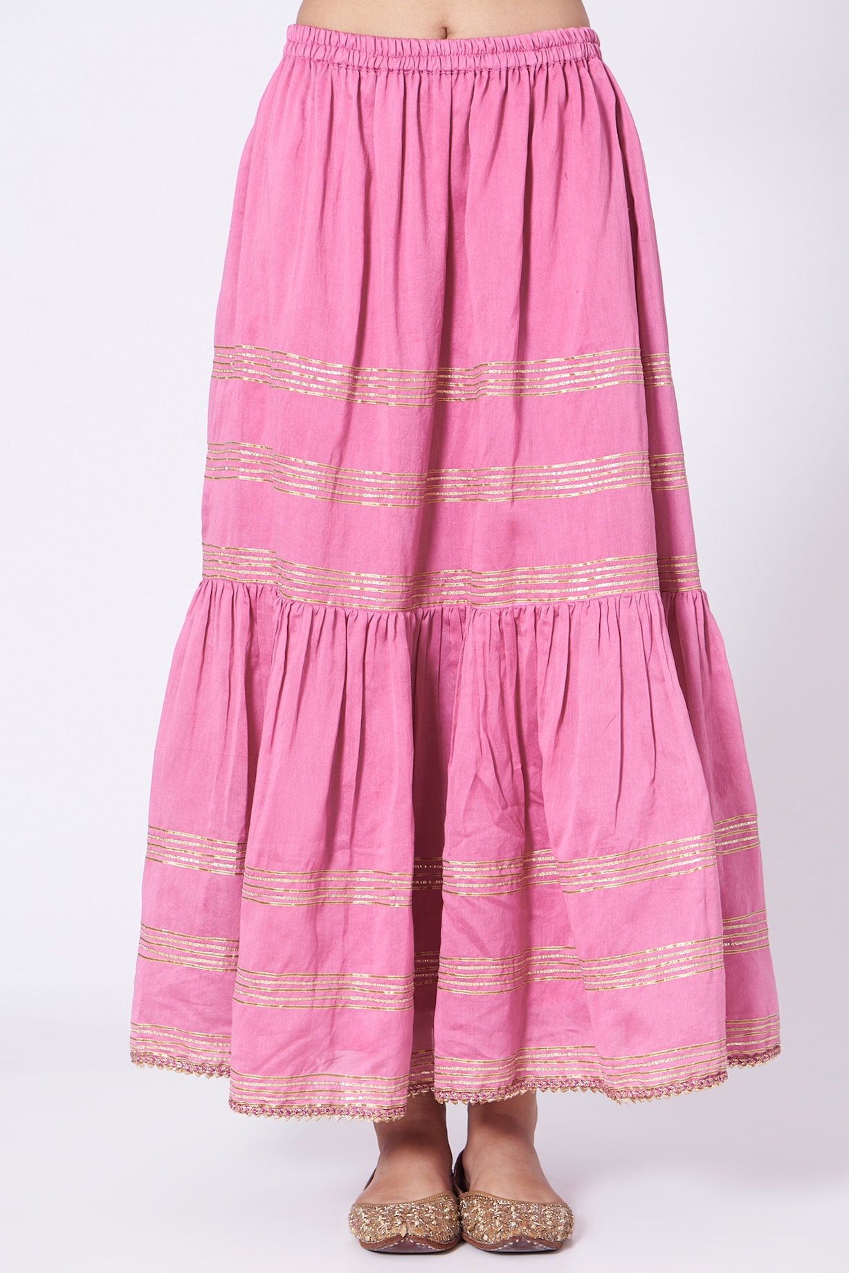 Taffy Pink Silk Chanderi Gota Work Gharara Skirt Set by KALAKARI