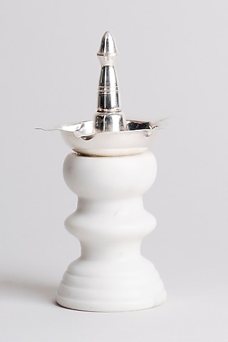 White Silver & Marble Handcrafted Deepak Stand by Kaksh studio