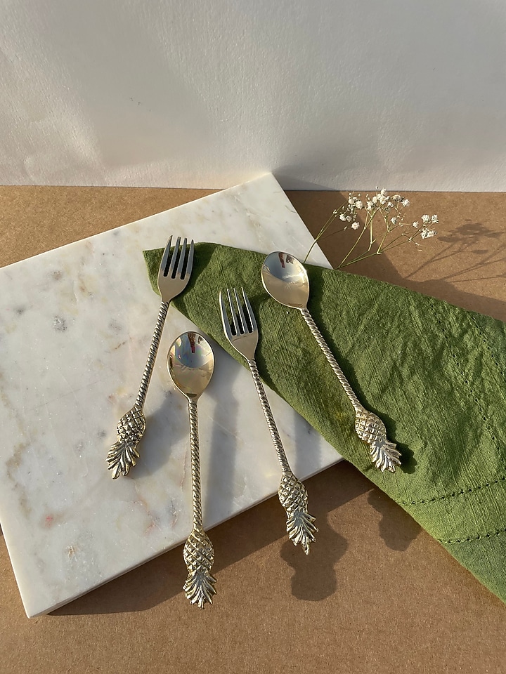 Brass Pineapple Cutlery Set (Set of 4) by Kaksh studio at Pernia's Pop Up Shop