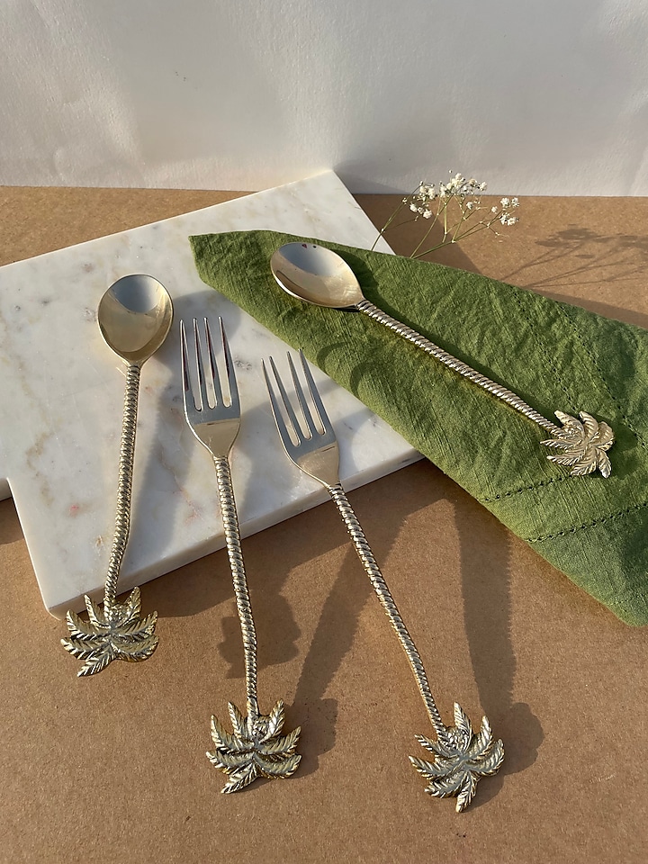 Brass Palm Tree Cutlery Set (Set of 4) by Kaksh studio