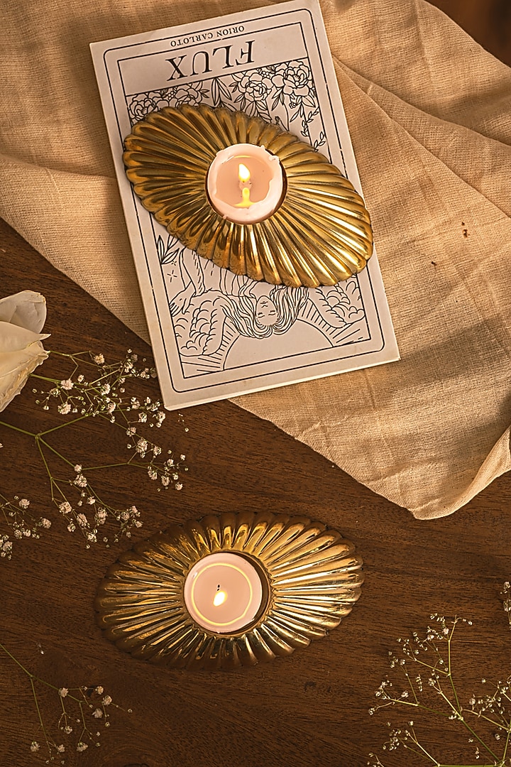 Gold Brass Oval Candle Holder by Kaksh studio at Pernia's Pop Up Shop