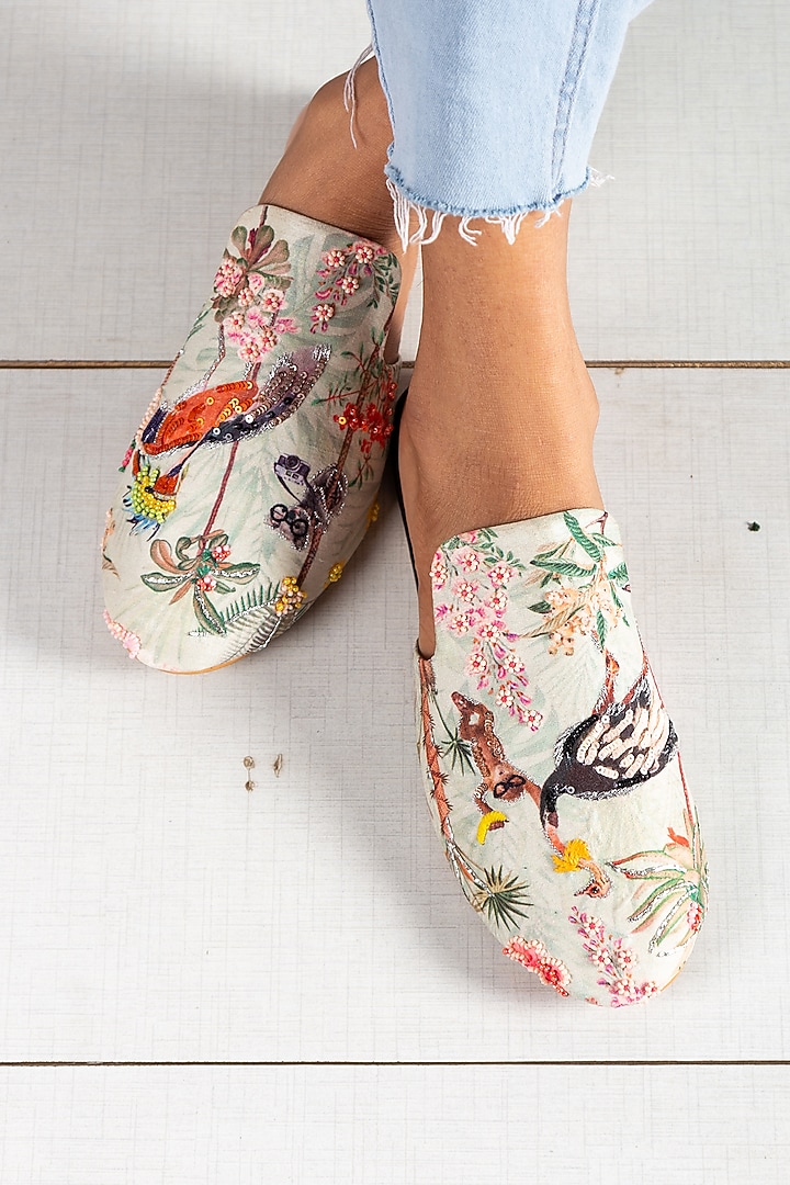 Mint Green Chroma Silk Embellished Mules by Kala India at Pernia's Pop Up Shop
