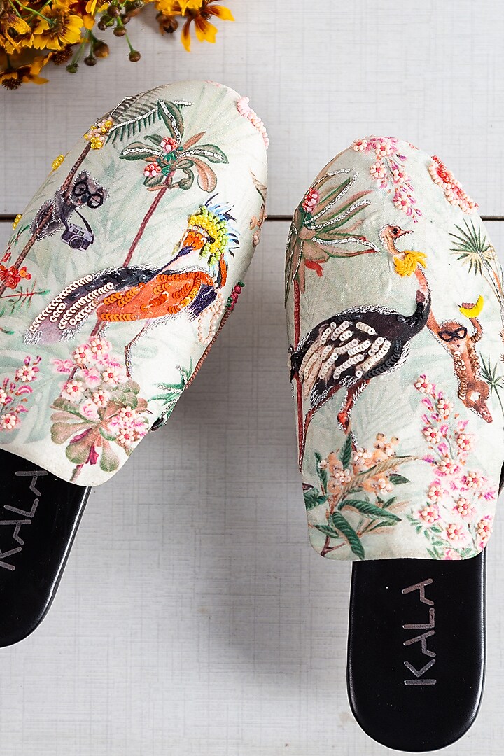 Mint Green Chroma Silk Embellished Mules by Kala India at Pernia's Pop Up Shop