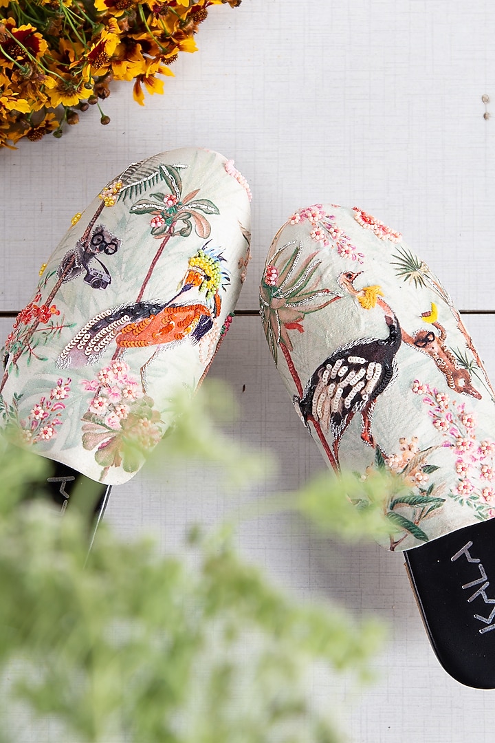 Mint Green Chroma Silk Embellished Mules by Kala India at Pernia's Pop Up Shop