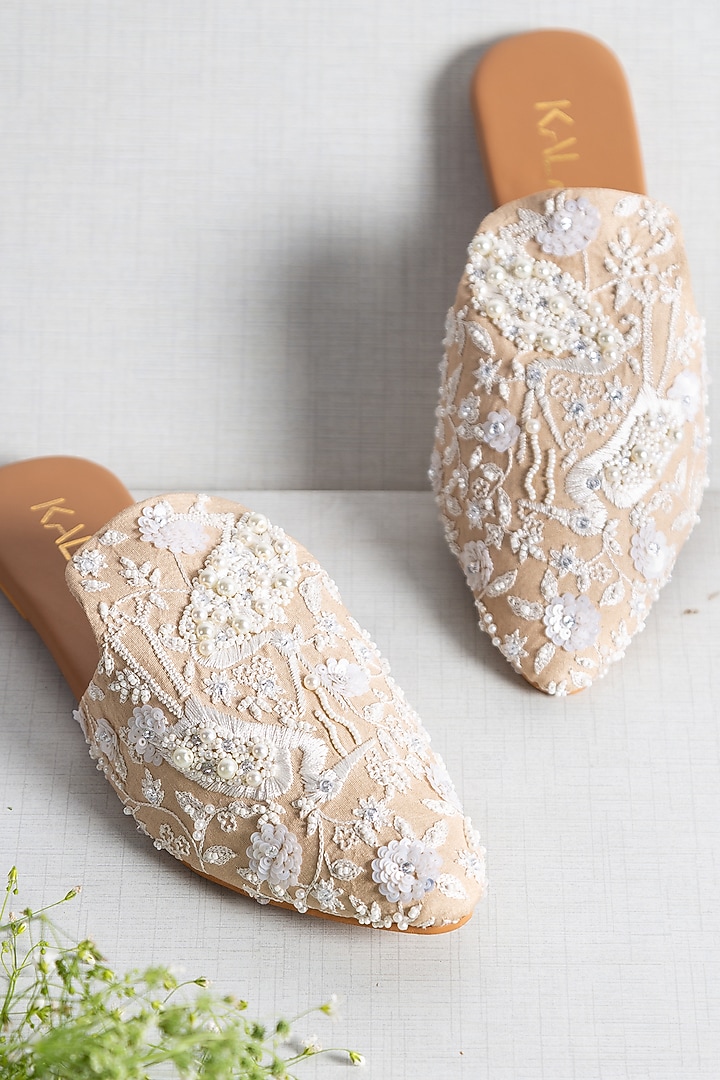 Ivory & Beige Croma Silk Mules by Kala India at Pernia's Pop Up Shop
