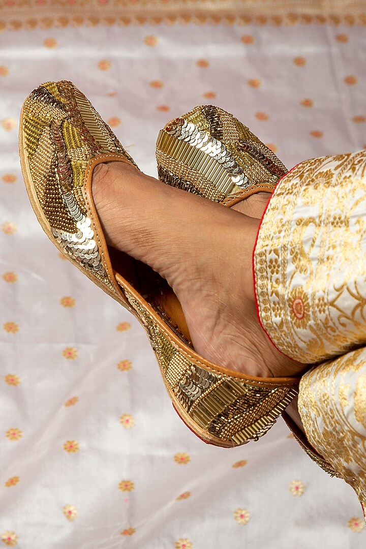 Golden Cotton Embroidered Juttis by Kala India at Pernia's Pop Up Shop