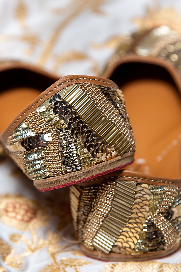 Golden Cotton Embroidered Juttis by Kala India at Pernia's Pop Up Shop