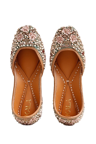 Green Silk Velvet Hand Embroidered Juttis by Kala India