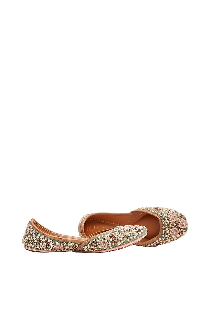 Green Silk Velvet Hand Embroidered Juttis by Kala India at Pernia's Pop Up Shop