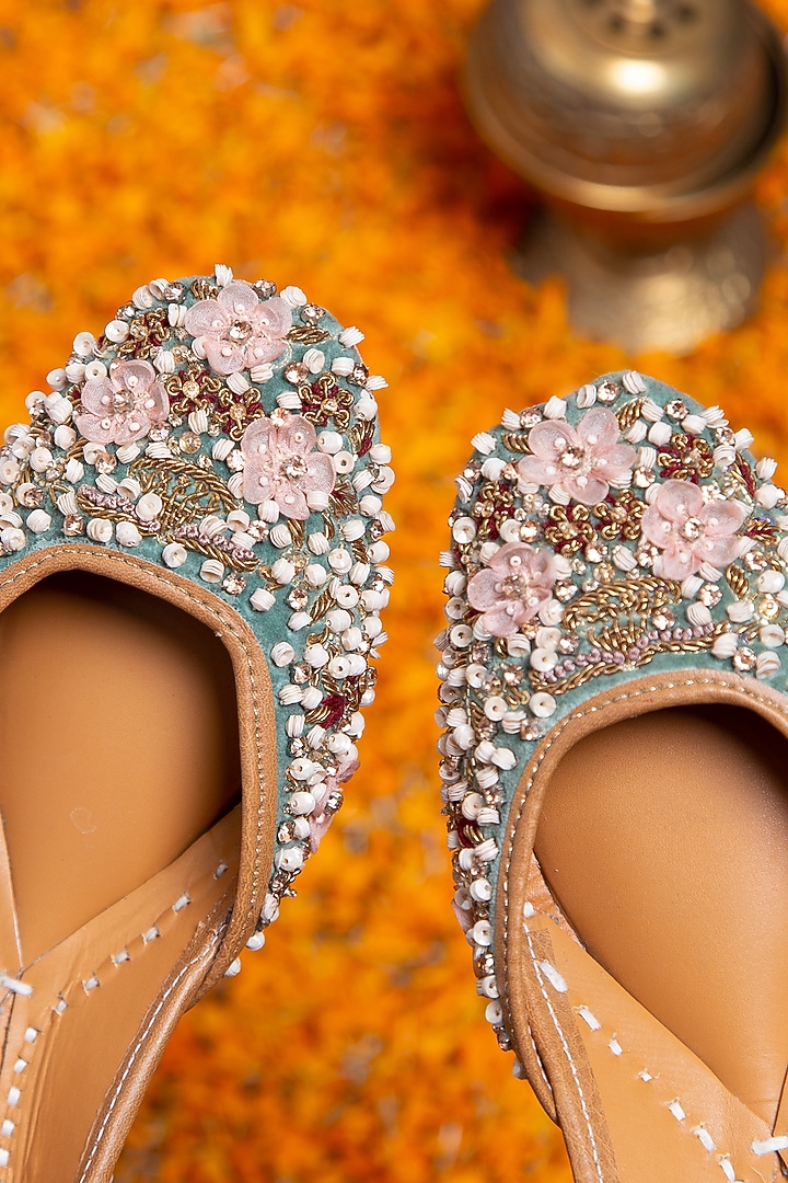 Green Silk Velvet Hand Embroidered Juttis by Kala India at Pernia's Pop Up Shop