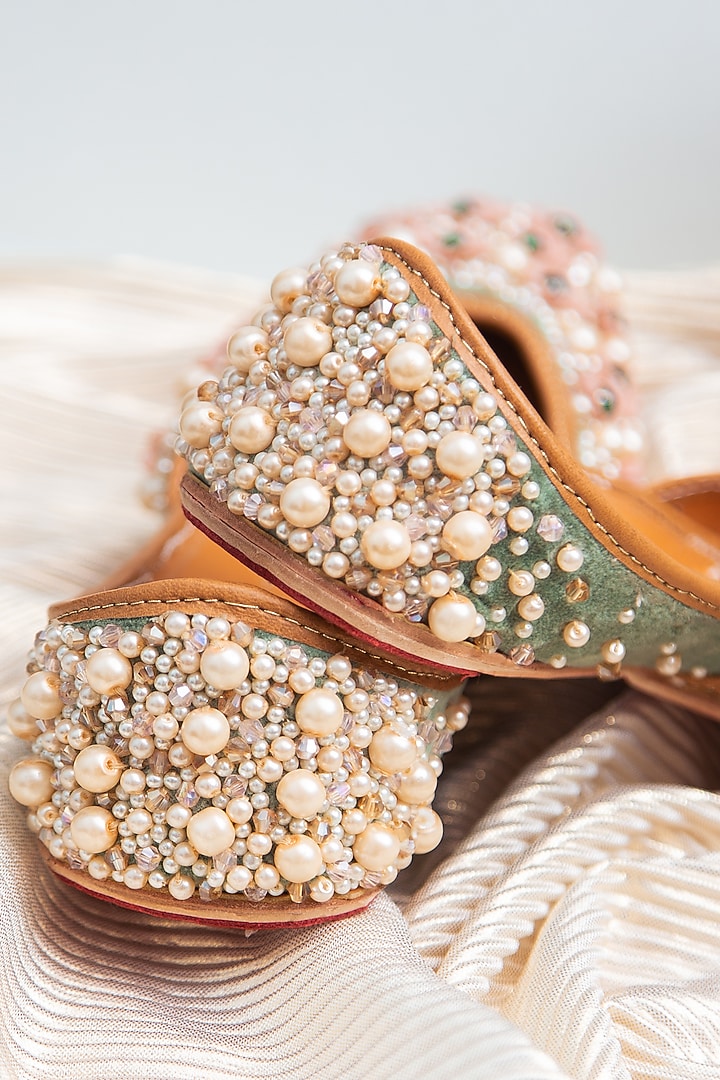 Green Silk Velvet Juttis by Kala India at Pernia's Pop Up Shop