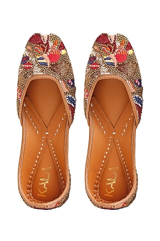 Multi-Colored Raw Silk Embellished Juttis by Kala India