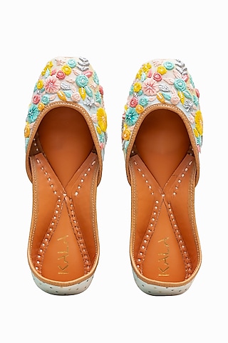 Multi-Colored Croma Silk & Leather Floral Embroidered Juttis by Kala India