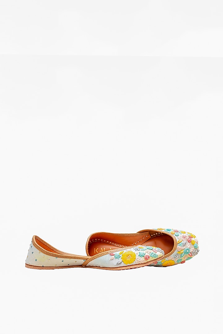 Multi-Colored Croma Silk & Leather Floral Embroidered Juttis by Kala India at Pernia's Pop Up Shop