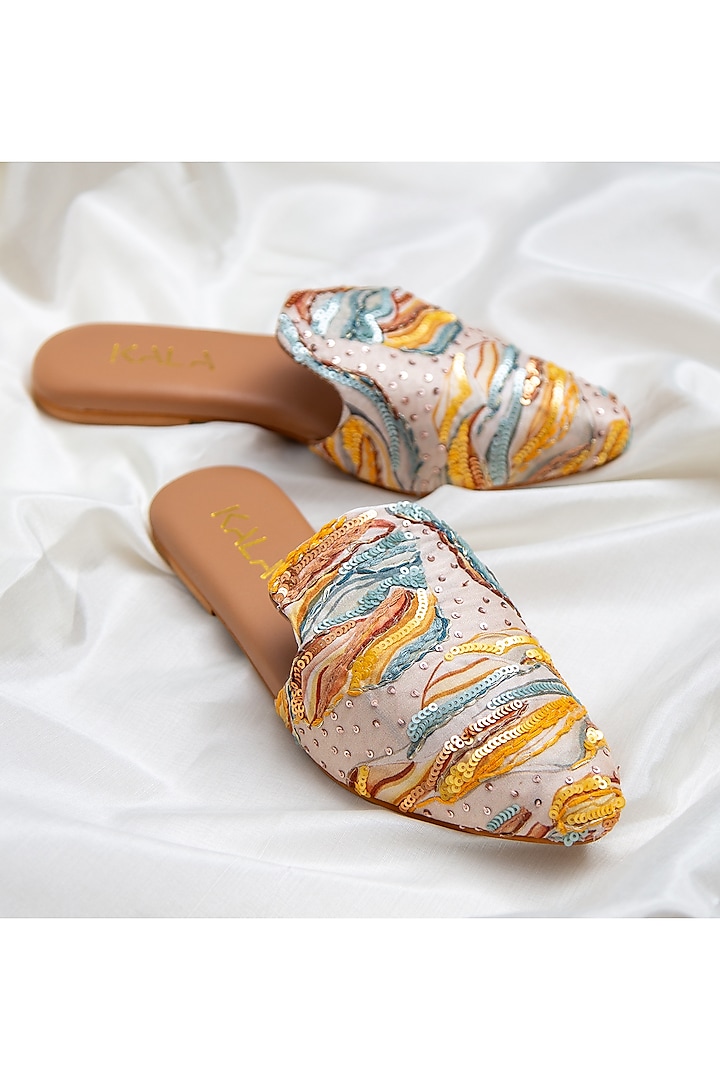 Multi-Colored Croma Silk & Leather Sequins Embroidered Mules by Kala India at Pernia's Pop Up Shop