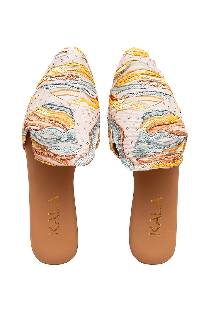 Multi-Colored Croma Silk & Leather Sequins Embroidered Mules by Kala India at Pernia's Pop Up Shop