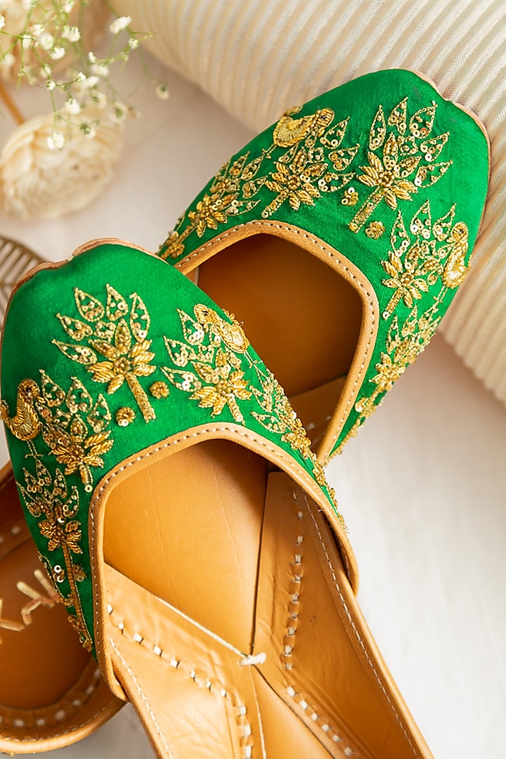 Green Embroidered Juttis by Kala India